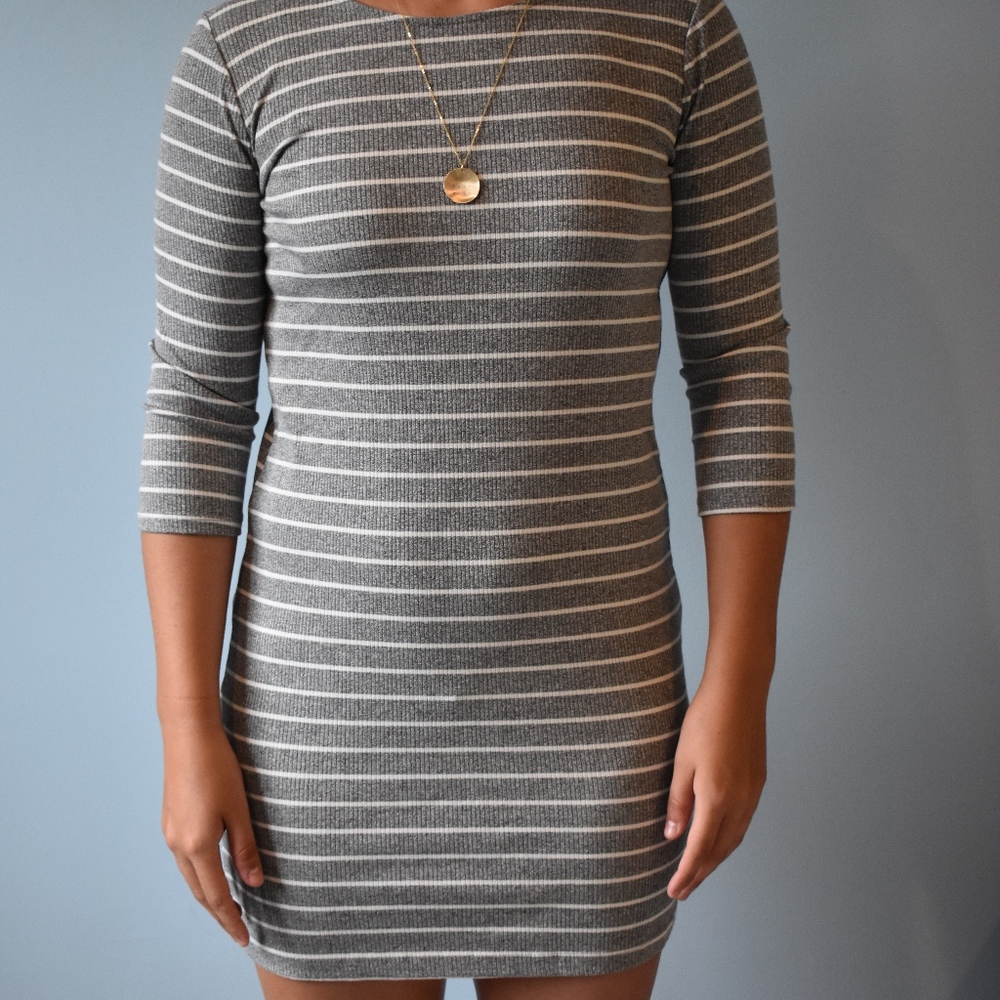 Tight grey and white stripped dress